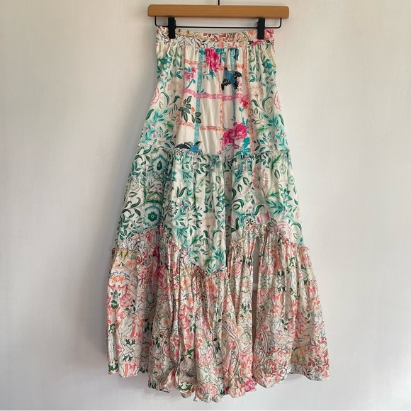 Hemant and Nandita Cotton High Waist Printed Midi Skirt Slit Tiered Colorful XS - Picture 3 of 13